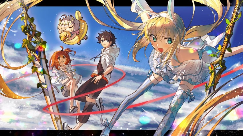 artoria pendragon, fujimaru ritsuka, artoria caster, and oberon (fate and 1 more) drawn by uby401