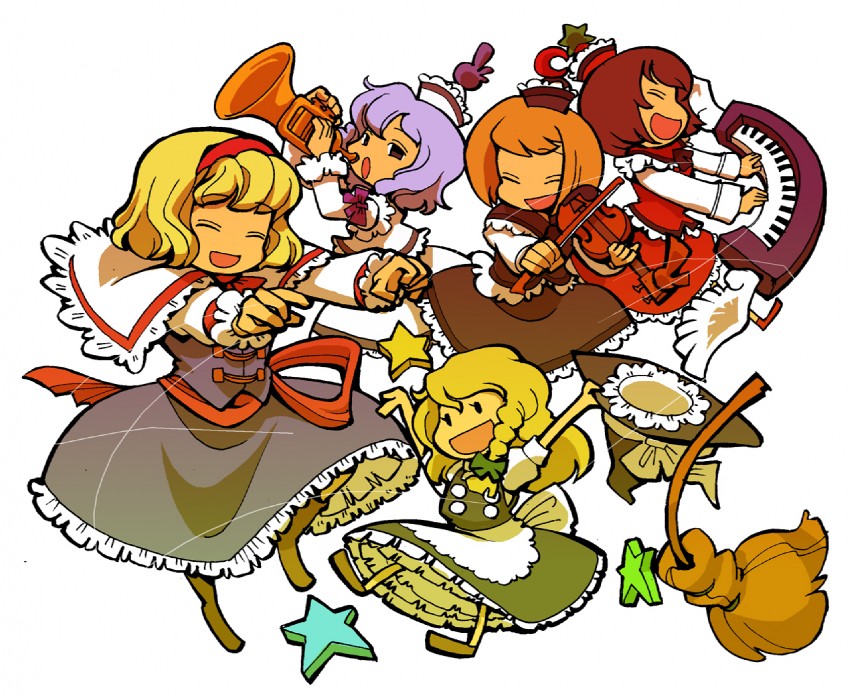 kirisame marisa, alice margatroid, lunasa prismriver, merlin prismriver, and lyrica prismriver (touhou) drawn by hounori