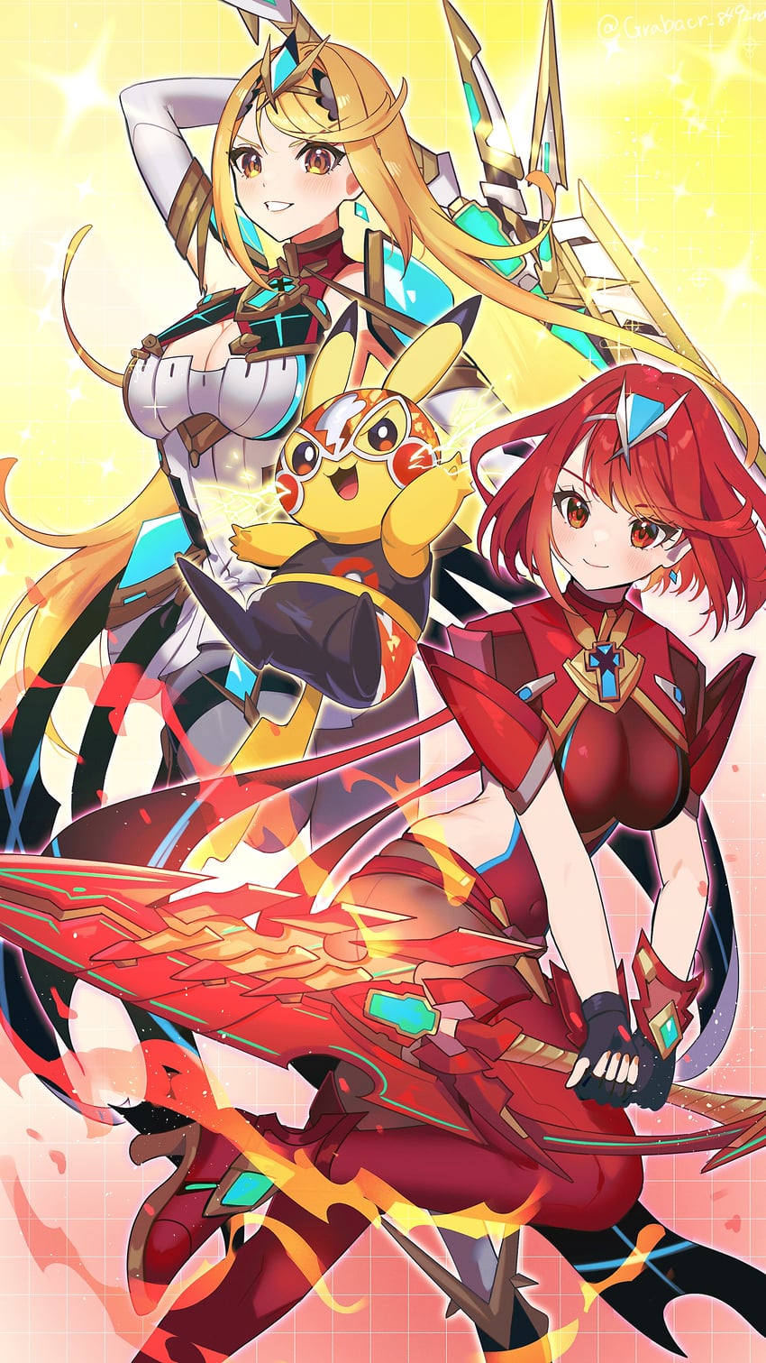 pikachu, pyra, mythra, cosplay pikachu, and pikachu libre (pokemon and 3 more) drawn by yasaikakiage