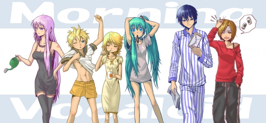 hatsune miku, kagamine rin, kagamine len, megurine luka, kaito, and 1 more (vocaloid) drawn by hadairo_rainbow