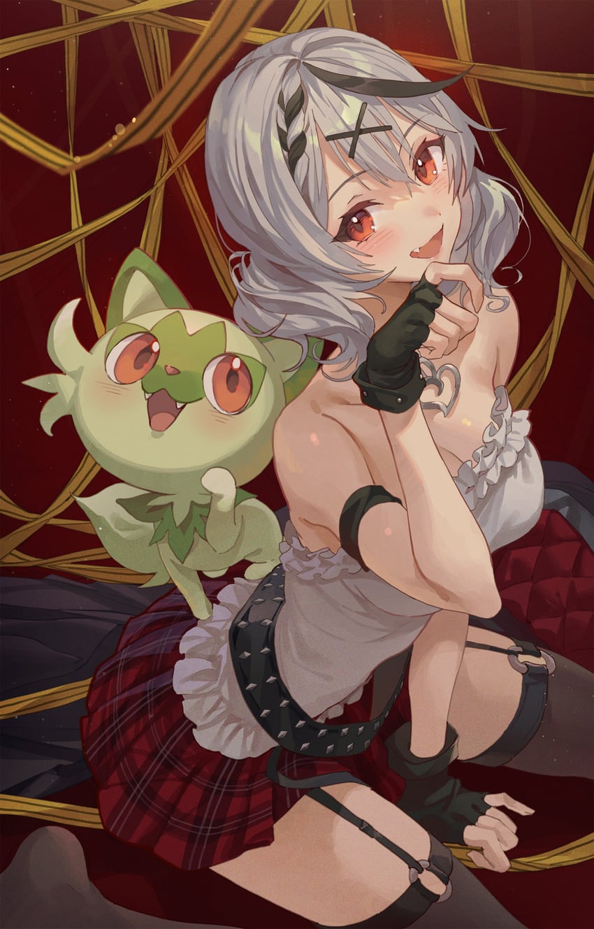 sakamata chloe and sprigatito (pokemon and 1 more) drawn by hxxg