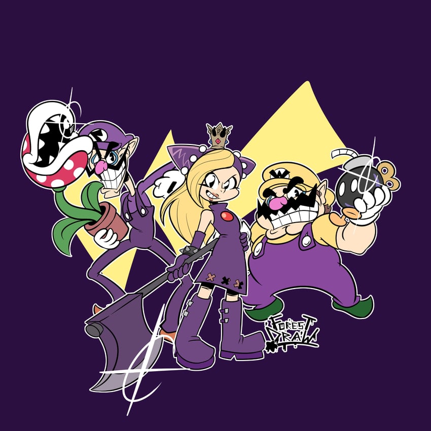 wario, piranha plant, waluigi, bob-omb, and warupeach (mario and 2 more) drawn by uncle_forest
