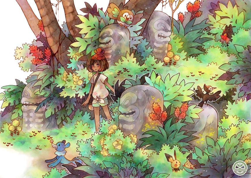 selene, rowlet, pichu, popplio, litten, and 1 more (pokemon and 1 more) drawn by blanchelune
