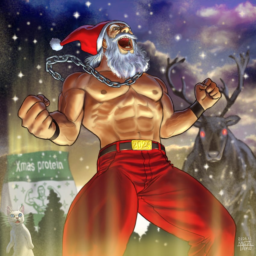 santa claus and surprised cat (original) drawn by matataku