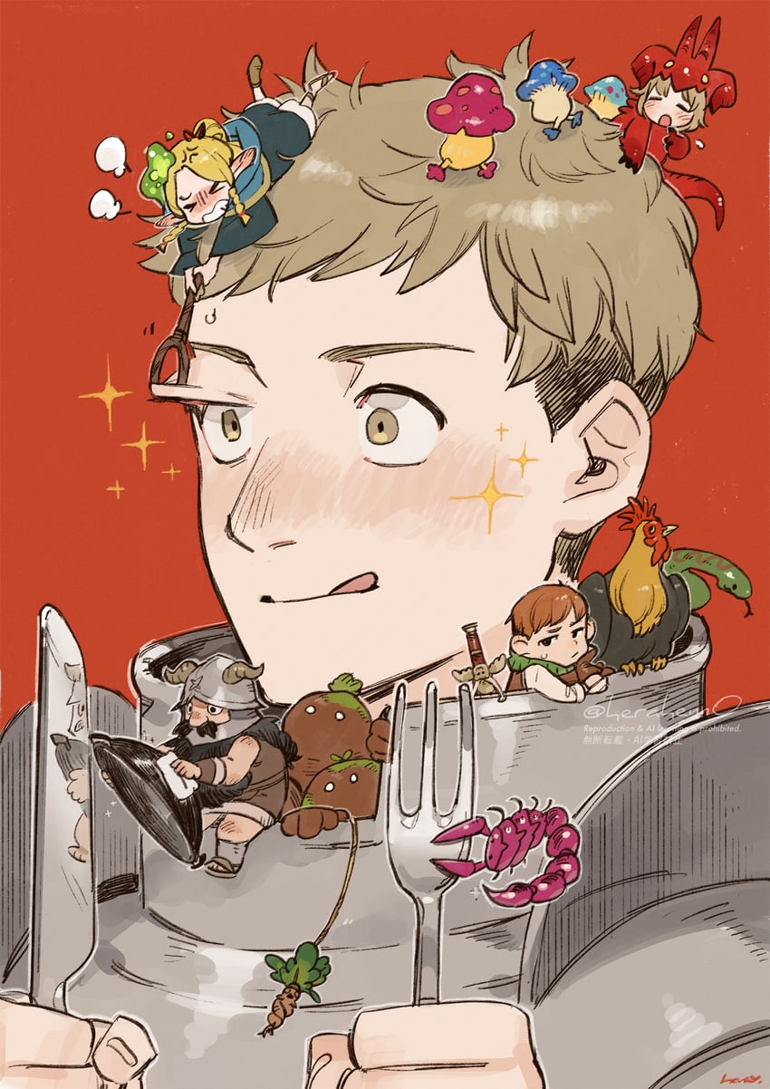 marcille donato, falin touden, laios touden, senshi, and chilchuck tims (dungeon meshi) drawn by herayoshi
