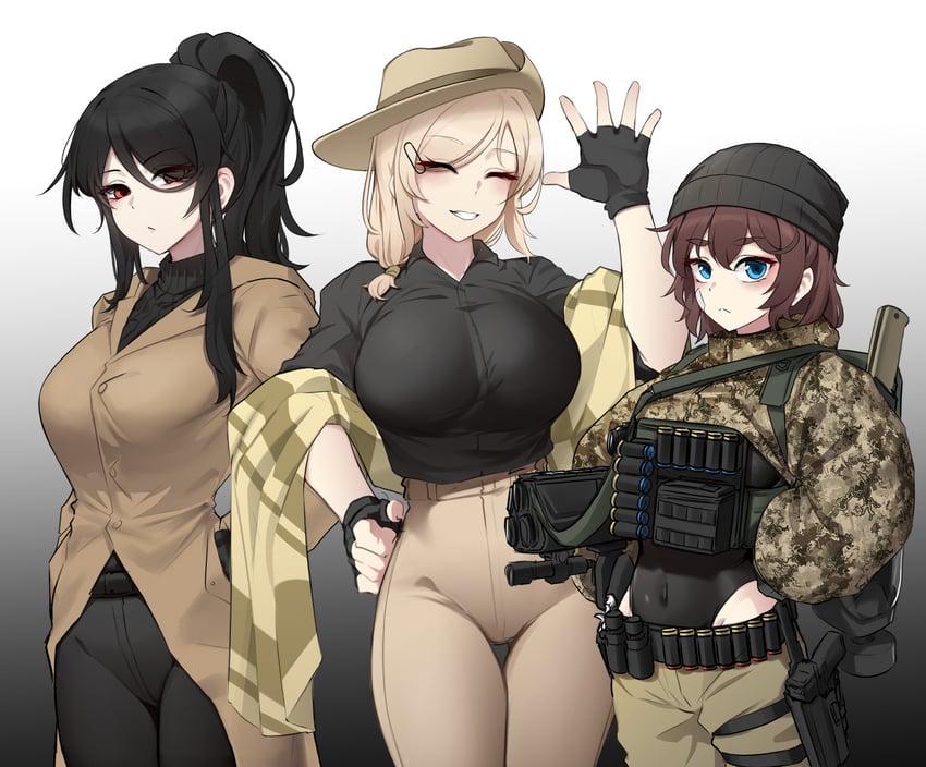 bandit-chan, merc-san, and loner-chan (original and 1 more) drawn by k0ng