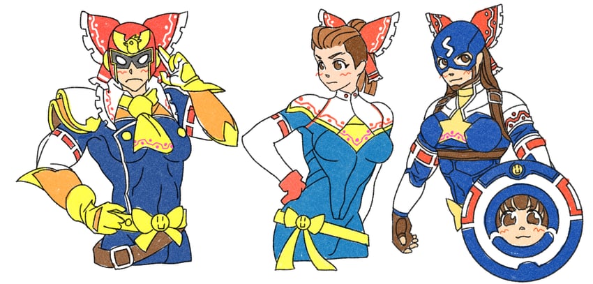 hakurei reimu, captain america, kanna, captain falcon, and captain marvel (touhou and 3 more) drawn by ukiwagirl