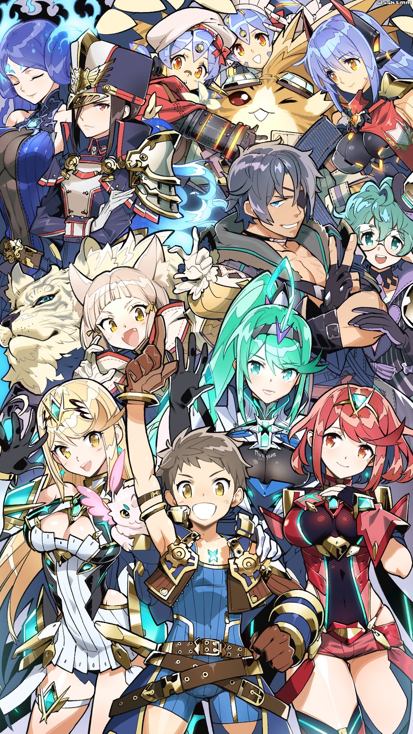 pyra, mythra, nia, rex, pneuma, and 11 more (xenoblade chronicles and 1 more) drawn by sasaki_tomomi