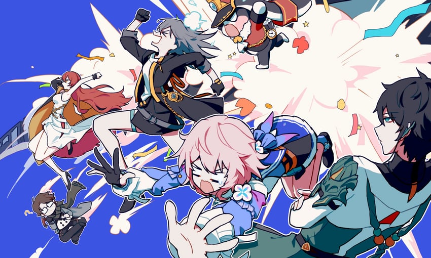 trailblazer, stelle, march 7th, dan heng, himeko, and 2 more (honkai and 1 more) drawn by thtl