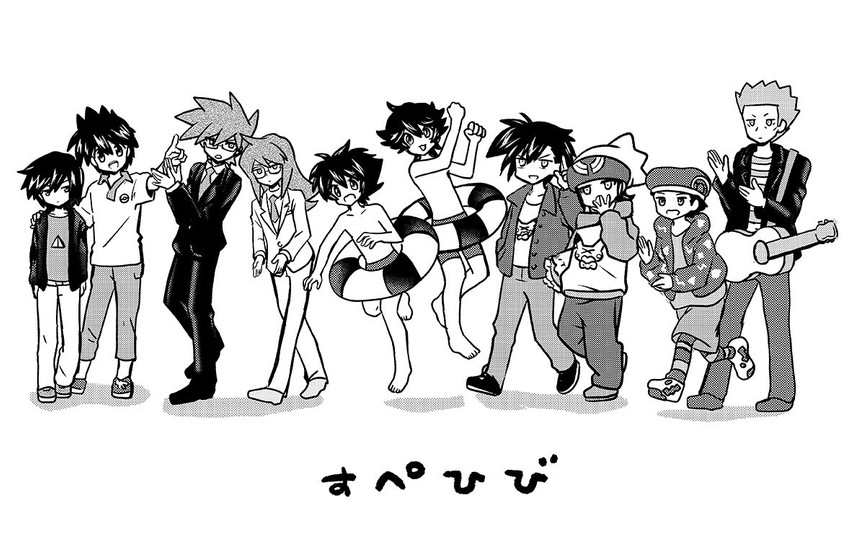 pikachu, red, ethan, blue oak, hilbert, and 6 more (pokemon and 1 more) drawn by ayateaori