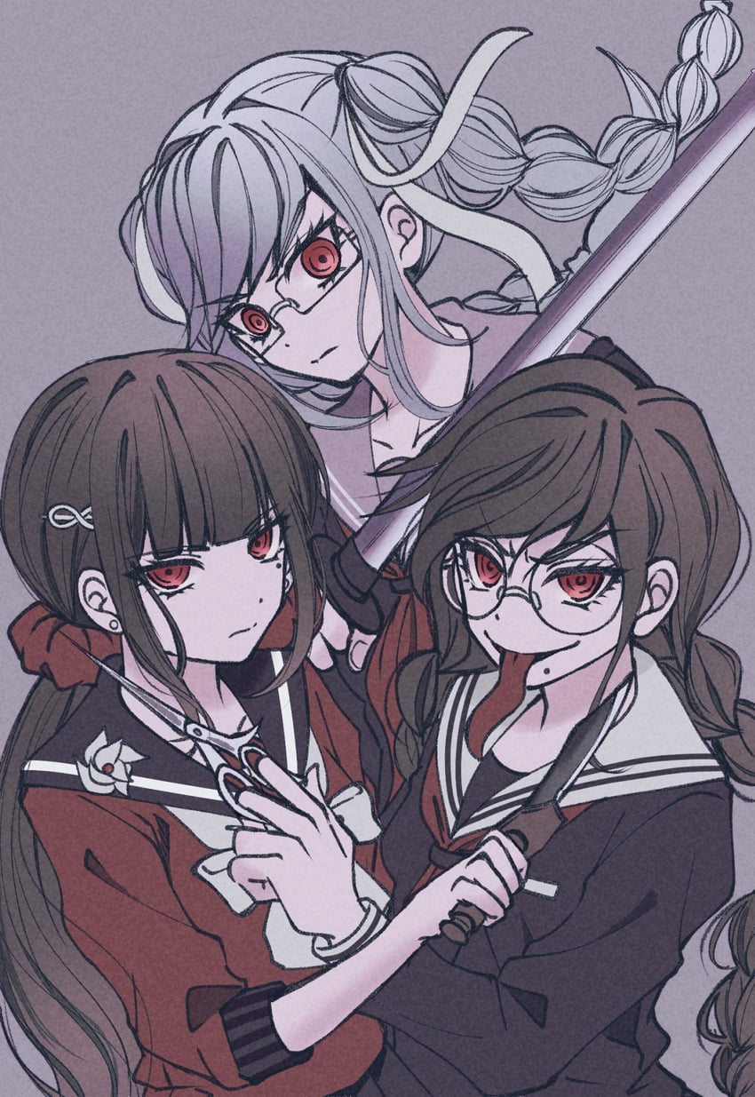 harukawa maki, fukawa toko, pekoyama peko, and genocider shou (danganronpa and 3 more) drawn by satori_(aosky9077)