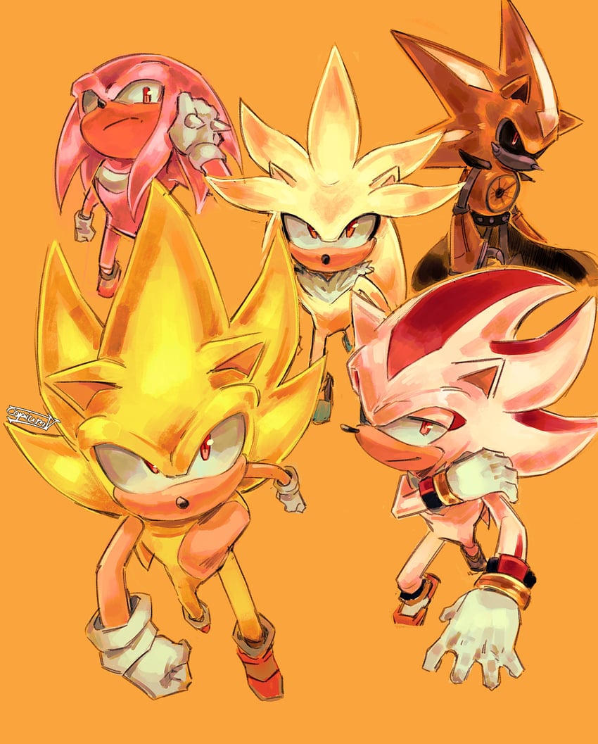 sonic the hedgehog, shadow the hedgehog, knuckles the echidna, silver the hedgehog, metal sonic, and 6 more (dragon ball and 2 more) drawn by copium_v
