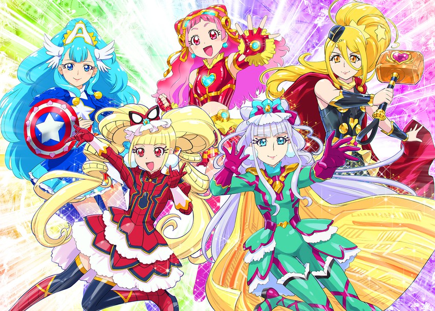 spider-man, captain america, iron man, nono hana, yakushiji saaya, and 10 more (precure and 6 more) drawn by ueyama_michirou