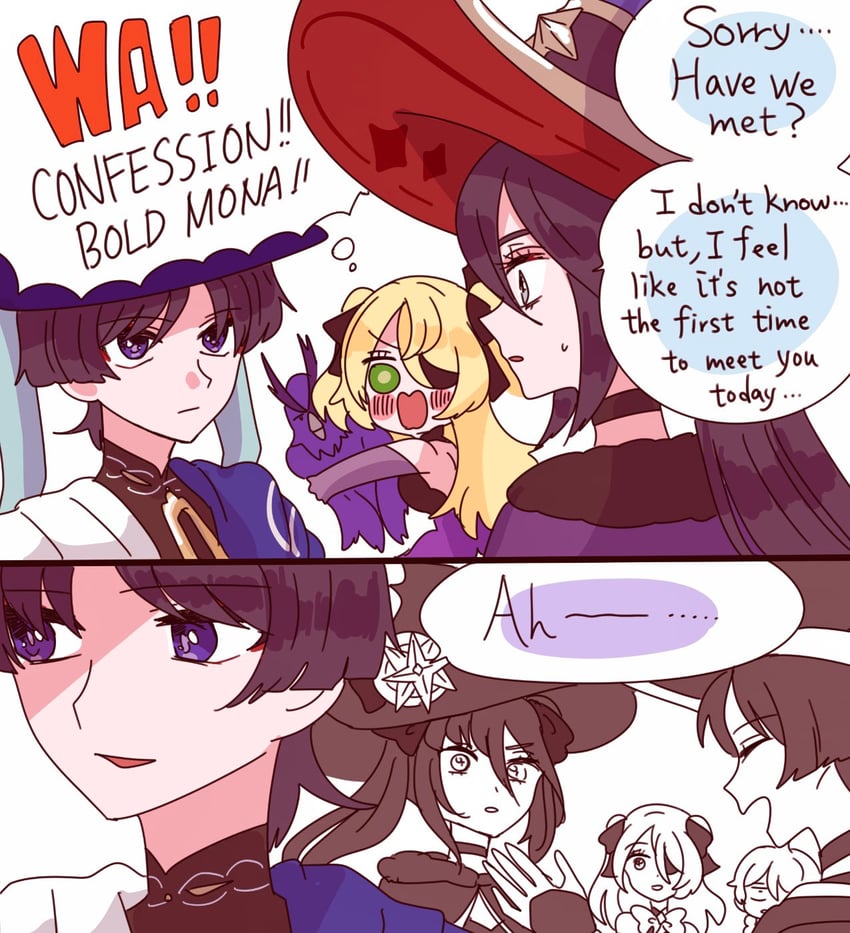 scaramouche, aether, wanderer, mona, fischl, and 1 more (genshin impact) drawn by cocotsuko1204