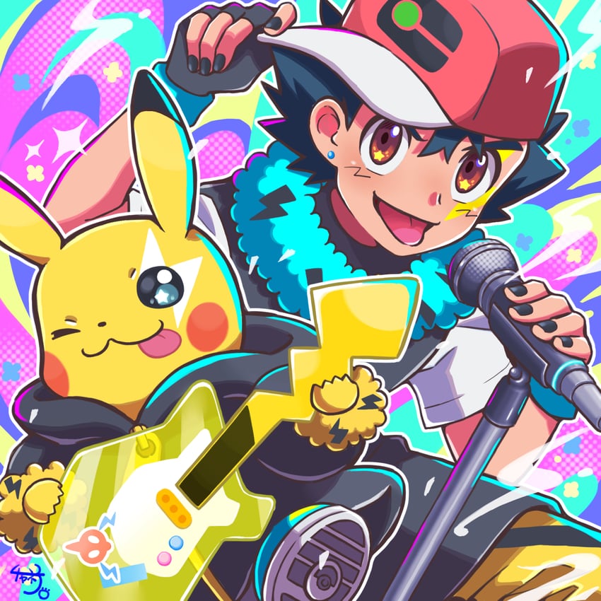 pikachu and ash ketchum (pokemon and 1 more) drawn by cyaneko