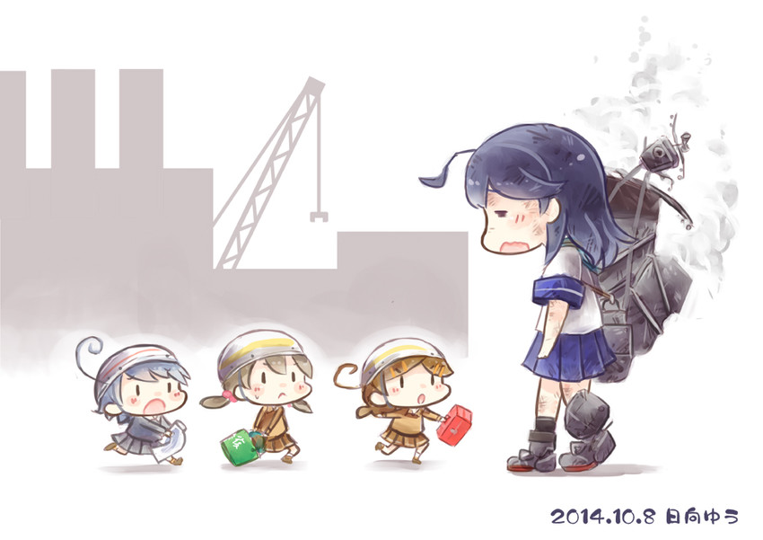 ushio, fairy, damage control crew, and helmet musume (kantai collection) drawn by hinata_yuu