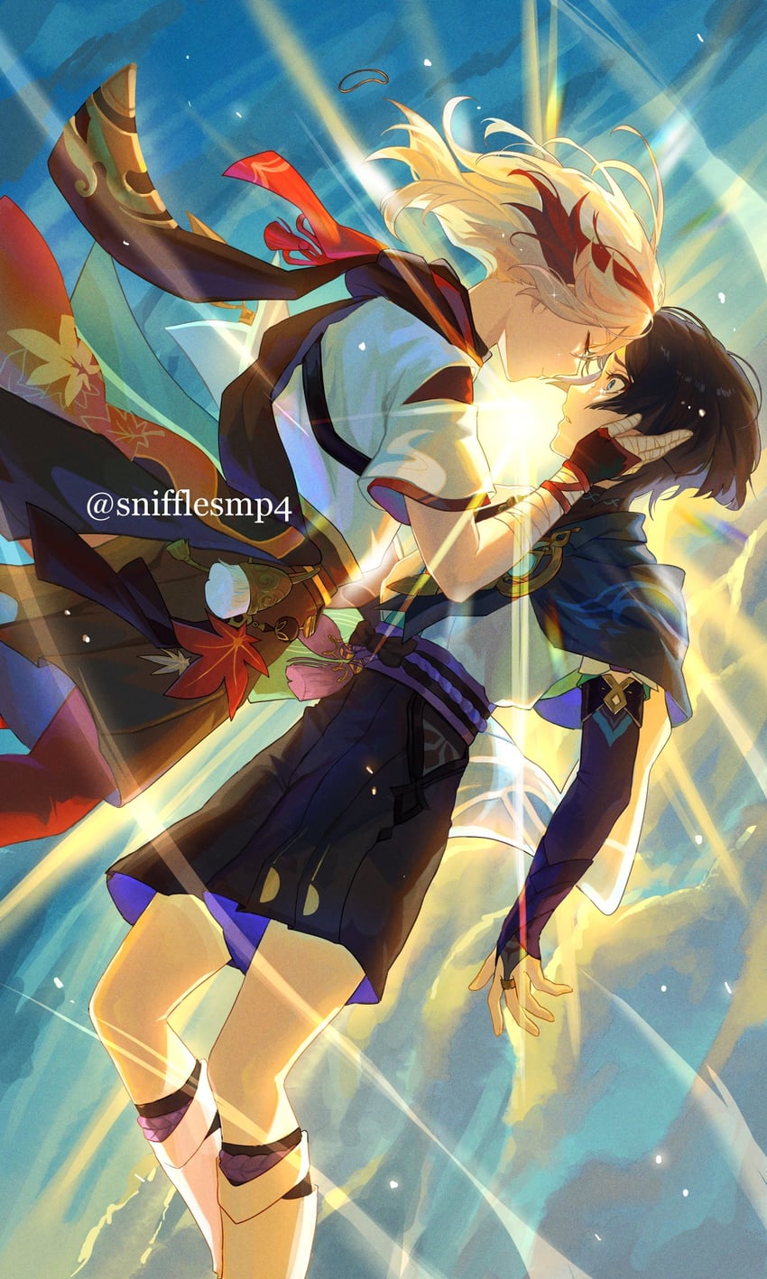 scaramouche, wanderer, and kaedehara kazuha (genshin impact) drawn by snifflesmp4