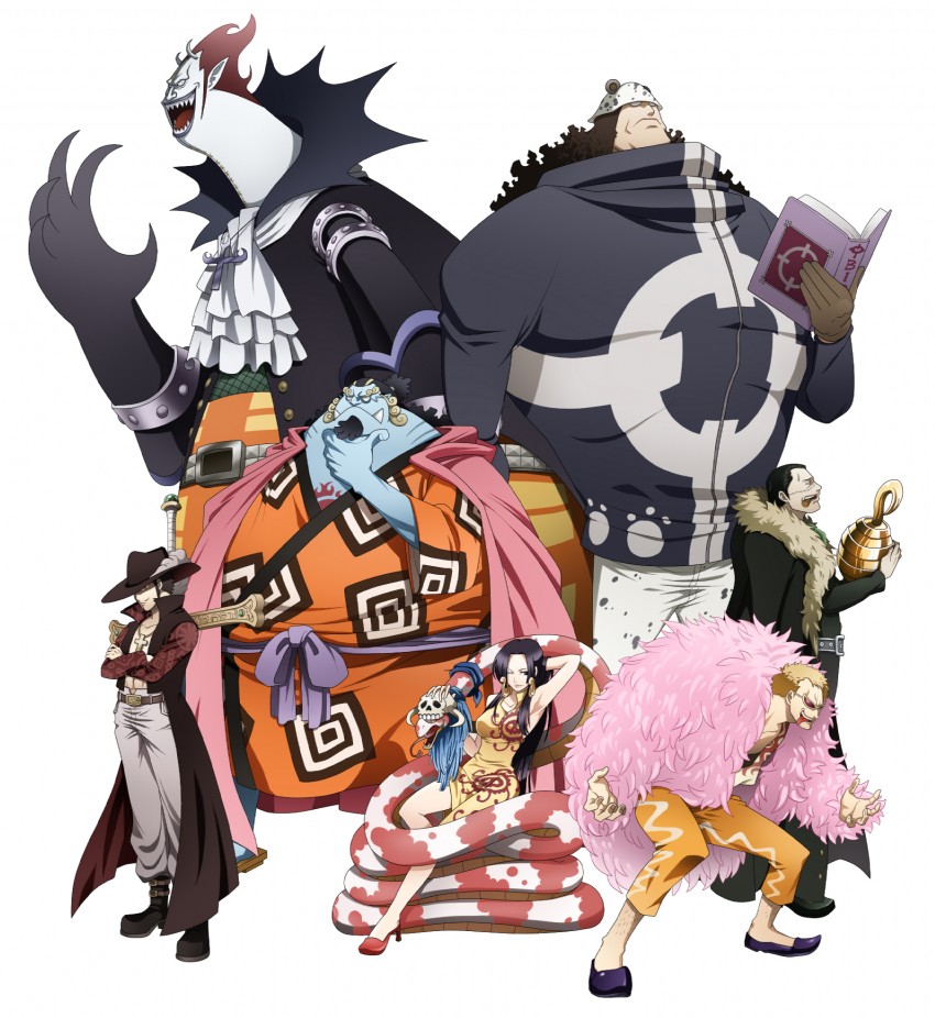 boa hancock, donquixote doflamingo, crocodile, dracule mihawk, jinbe, and 3 more (one piece) drawn by kamakiri