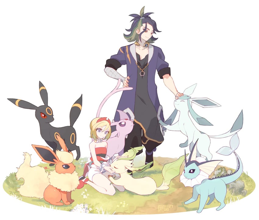 umbreon, glaceon, vaporeon, espeon, irida, and 3 more (pokemon and 1 more) drawn by cha_niao_(strxscs)