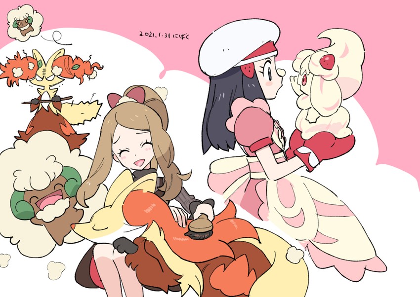 alcremie, whimsicott, delphox, dawn, and serena (pokemon and 1 more) drawn by nibo_(att_130)