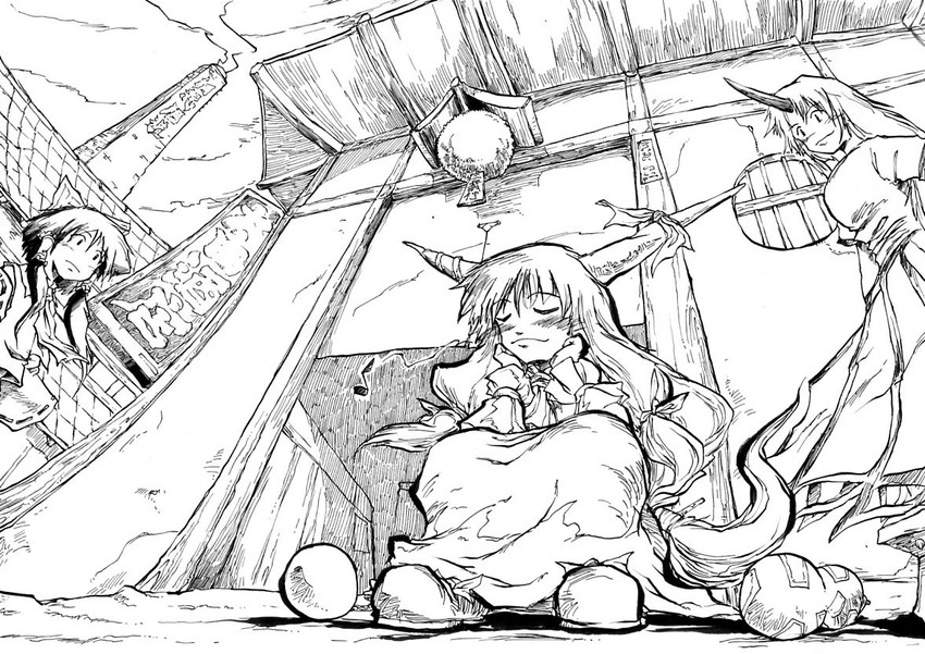hakurei reimu, ibuki suika, and hoshiguma yuugi (touhou) drawn by pandemonium