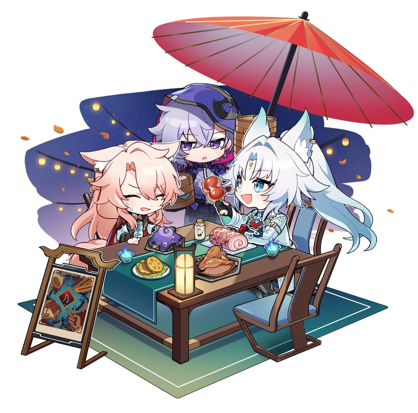 feixiao, jiaoqiu, and moze (honkai and 1 more) drawn by koru3