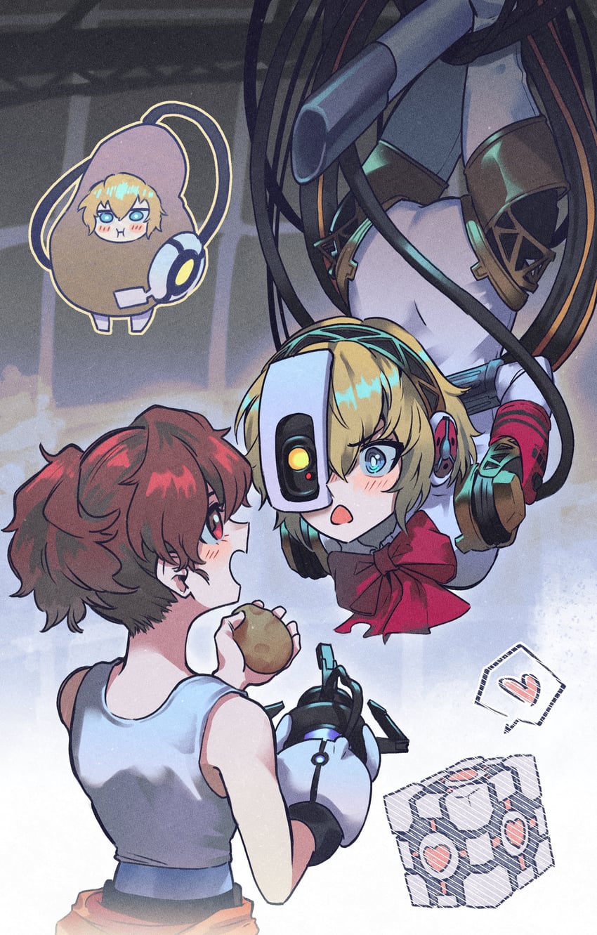 aigis, shiomi kotone, glados, chell, and aperture science weighted companion cube (persona and 4 more) drawn by andrich_galam