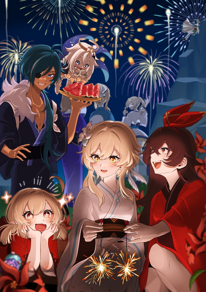 lumine, venti, paimon, klee, barbara, and 4 more (genshin impact) drawn by fav_27