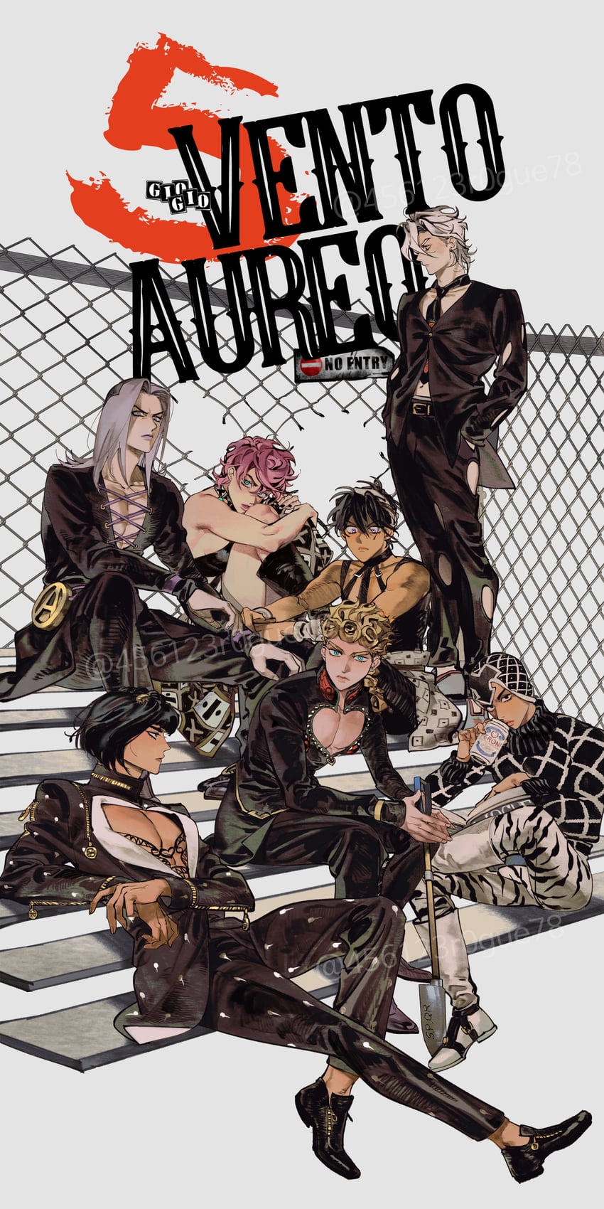 giorno giovanna, bruno bucciarati, guido mista, narancia ghirga, pannacotta fugo, and 2 more (jojo no kimyou na bouken and 1 more) drawn by 456123r0gue78