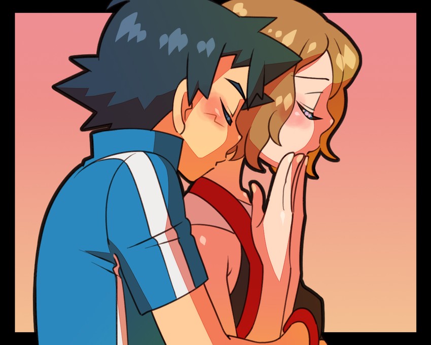 ash ketchum and serena (pokemon and 1 more) drawn by amada