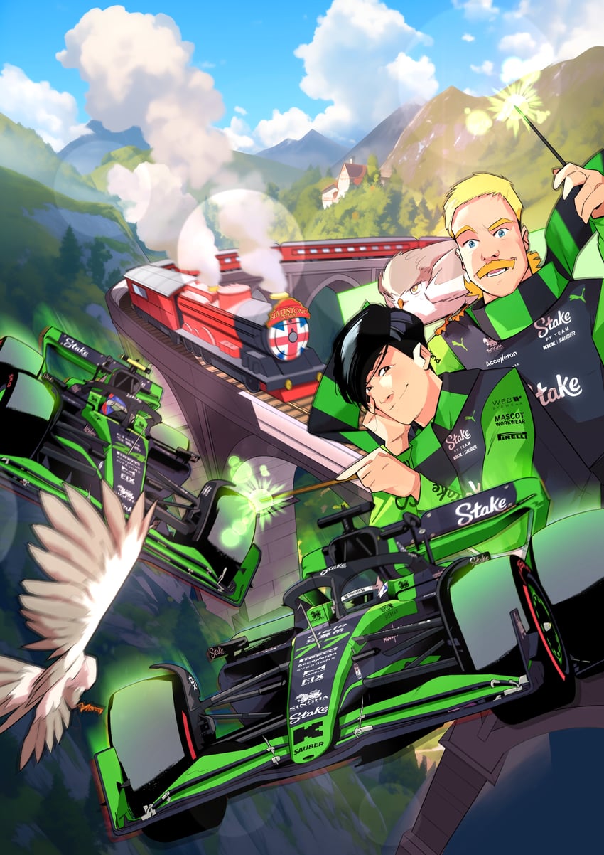 zhou guanyu and valtteri bottas (real life and 3 more) drawn by juan_alcala