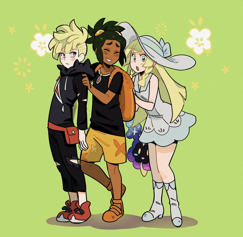 lillie, gladion, hau, and cosmog (pokemon and 1 more) drawn by rockboi4u