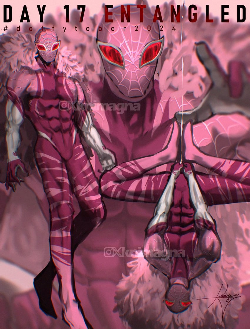 spider-man and donquixote doflamingo (one piece and 2 more) drawn by knimagna