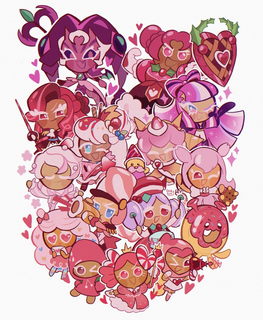 strawberry crepe cookie, shining glitter cookie, cherry blossom cookie, hollyberry cookie, strawberry cookie, and 11 more (cookie run and 2 more) drawn by didy414