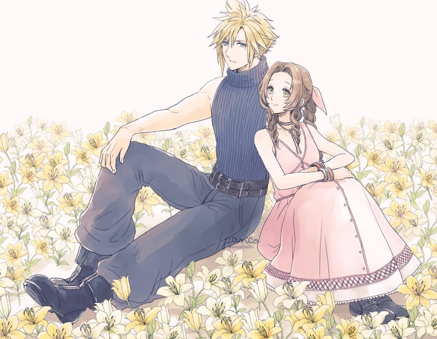 cloud strife and aerith gainsborough (final fantasy and 2 more) drawn by ancotsubu