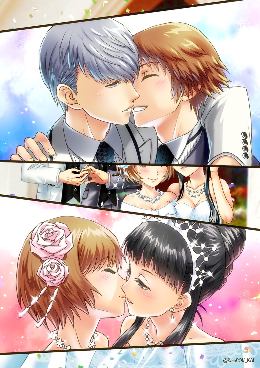 narukami yu, satonaka chie, amagi yukiko, and hanamura yousuke (persona and 1 more) drawn by sato-pon