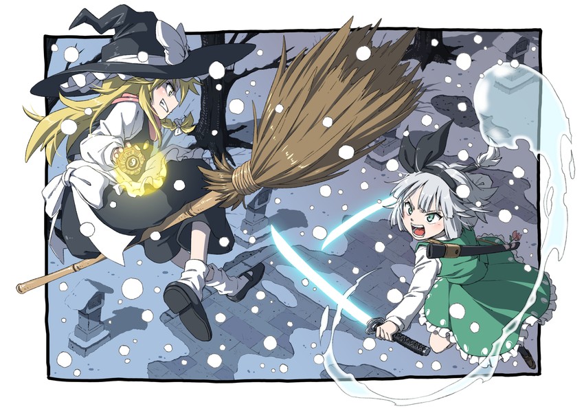 kirisame marisa and konpaku youmu (touhou and 1 more) drawn by inuno_rakugaki