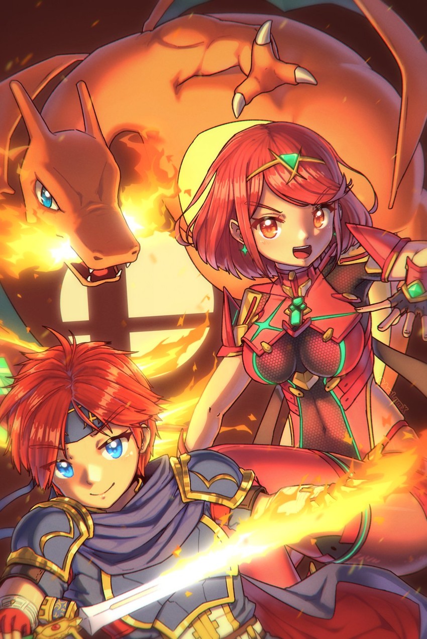 pyra, charizard, and roy (pokemon and 4 more) drawn by arclumx