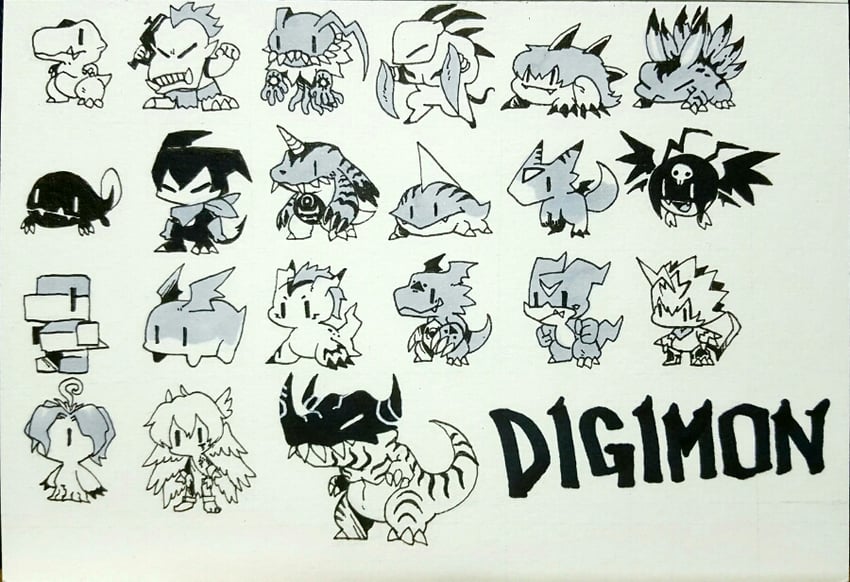 agumon, patamon, gabumon, palmon, gomamon, and 15 more (digimon) drawn by babo_(j88672)