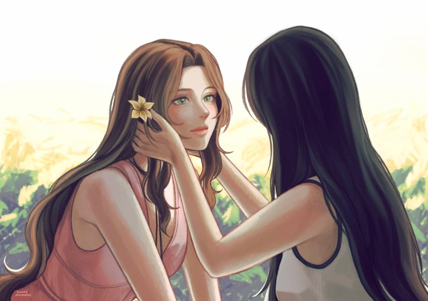 tifa lockhart and aerith gainsborough (final fantasy and 3 more) drawn by hanaflans