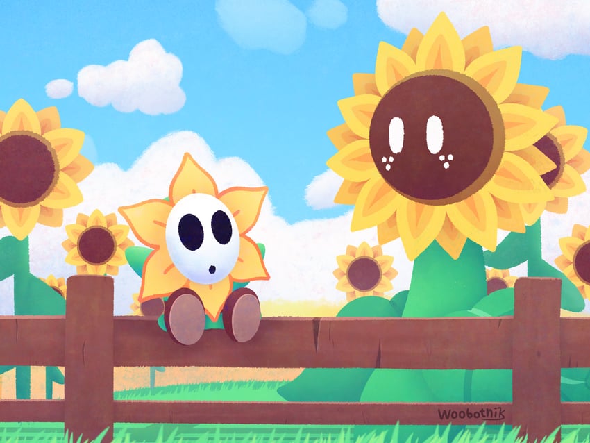 shy guy and great sunflower (mario and 1 more) drawn by woobotnik