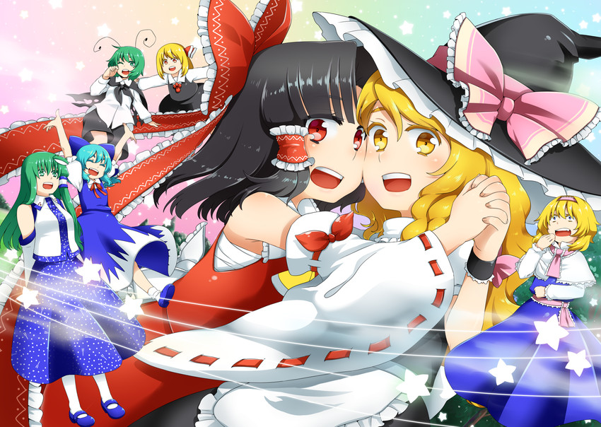hakurei reimu, kirisame marisa, kochiya sanae, cirno, alice margatroid, and 2 more (touhou) drawn by shirane_koitsu