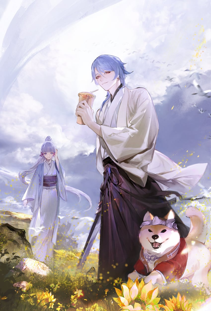 kamisato ayaka, kamisato ayato, and taroumaru (genshin impact) drawn by ste7619