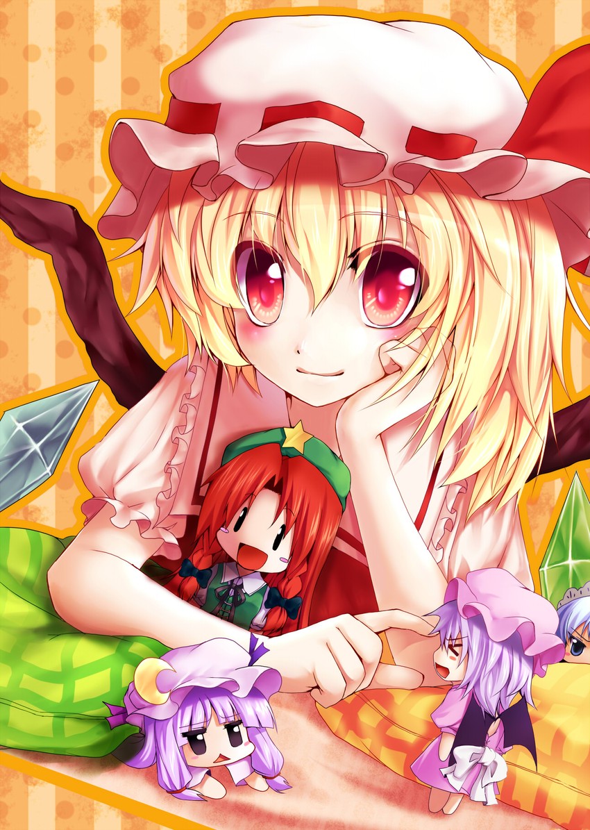 remilia scarlet, flandre scarlet, izayoi sakuya, patchouli knowledge, and hong meiling (touhou) drawn by ryuushou