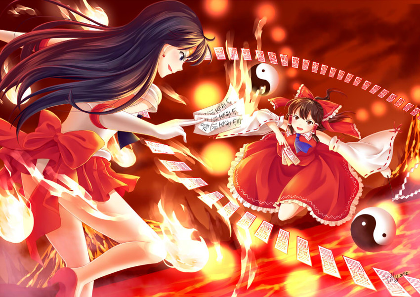 hakurei reimu, hino rei, sailor mars, and satou rina (touhou and 1 more) drawn by villyane