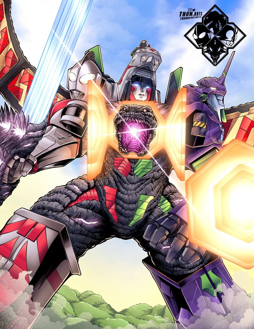 godzilla, eva 01, ultraman, kamen rider 1, and shin universe robo (neon genesis evangelion and 9 more) drawn by thomdotartz