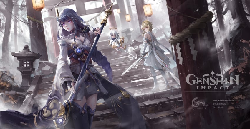lumine, raiden shogun, and paimon (genshin impact) drawn by chigalidepoi