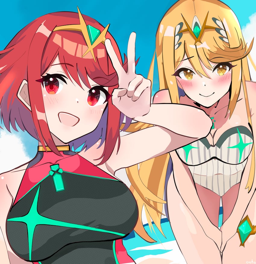 pyra and mythra (xenoblade chronicles and 1 more) drawn by ootaquill