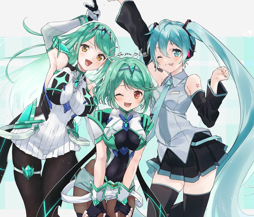 hatsune miku, pyra, and mythra (vocaloid and 3 more) drawn by sephikowa
