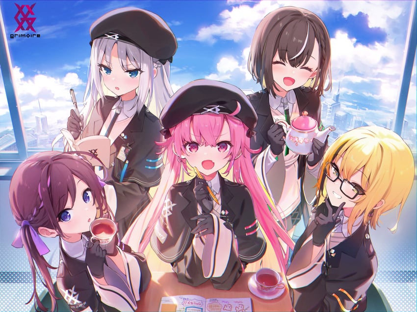 tsumezume hareruya, shishibe azusa, ohtori harune, kadenokoji teguri, and akinashi erii (grimoire co. ltd) drawn by shnva